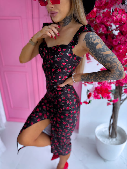 "RUBY FLOWER SORBET 89" midi kleita - sarkana ar melnu
